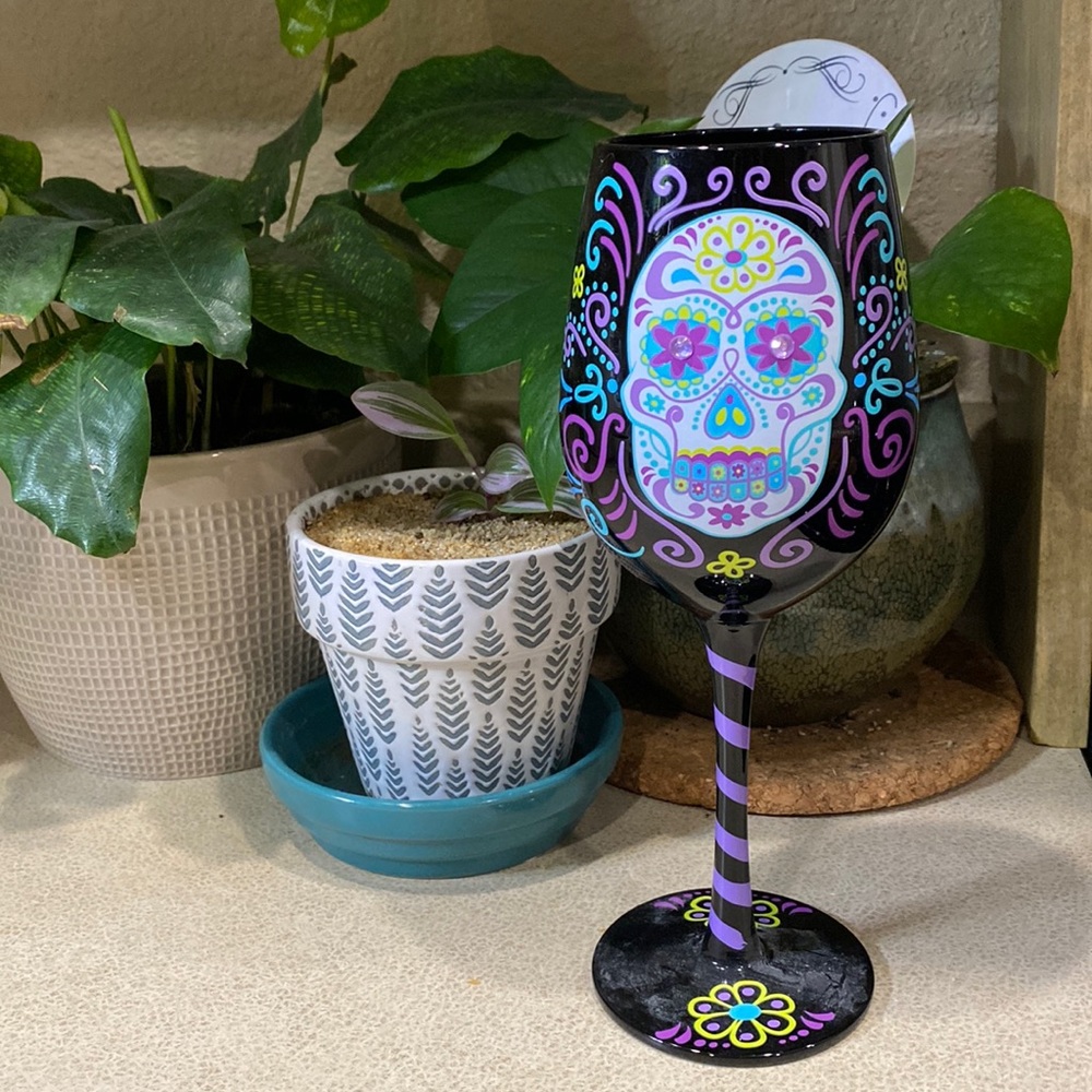Black Sugar Skull Day of the Dead wine glass